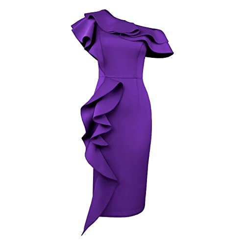 Vestidos de Noche de Fiesta Ajustados con Abertura en la Manga con Volantes de un Hombro for Mujer (Color : Purple, Size : L)