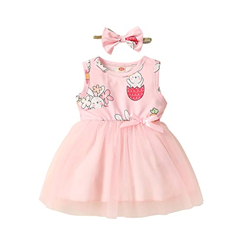 BebÃ© NiÃ±a Vestido sin Manga para Pascua Vestido de Princesa con Estampado de Conejos y Capas de Tul Vestido Lindo de Cuello Redondo para NiÃ±a PequeÃ±a (Rosa, 3-4 AÃ±os)
