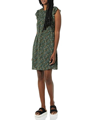 Amazon Essentials Vestido Recto en Georgette Ligero de Corte Holgado, Escote con Abertura y Mangas con Volante Mujer, Verde Oscuro, Floral, L