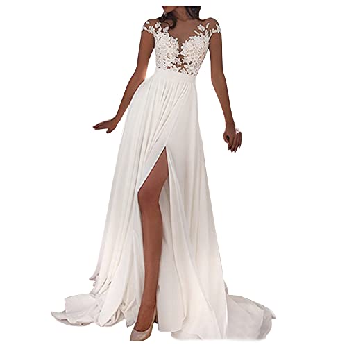 Mujer Vestido Blanco Largo de Encaje Vestidos Sexy con Cuello en V Ropa Verano Vestido Espalda Descubierta Vestidos de Novia para Boda(Blanco,XL)
