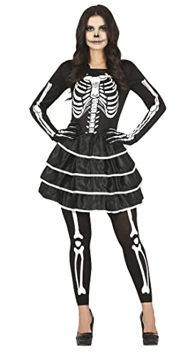 FIESTAS GUIRCA Disfraz de Esqueleto - Vestido Negro Corto de Volantes con Estampado Esqueleto para Mujer Adulta Talla S 36-38