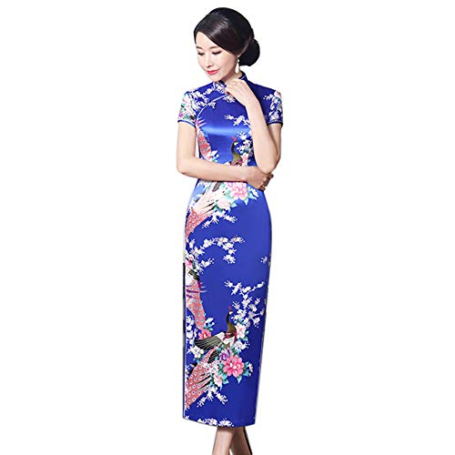 Kalaokei Cheongsam de satÃ©n largo con estampado de pavo real estampado de pavo real mujeres chino largo cheongsam dama de honor manga corta vestido de noche zafiro azul M