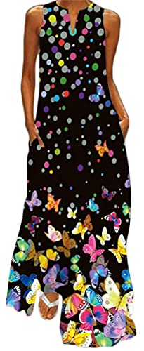 WINKEEY Vestido Maxi para Mujer Estampado Floral Mariposa Bohemio Vestido de Verano con Bolsillos Sin Mangas Talla Grande, Mariposa Negra M