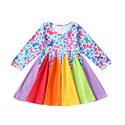 Vestido de Princesa de Manga Larga con Estampado de Mariposas Coloridas para Primavera y Verano para niÃ±as pequeÃ±as Faldas Negras Grandes (Purple, 2-3 Years)