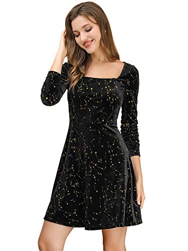 Allegra K Vestido Mini Estrellas Terciopelo Cuello Cuadrado Vintage para Mujer Navidad DÃ­a De Los Reyes Magos Negro XL