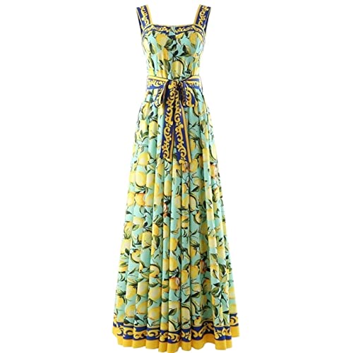 Cuello de corte sin mangas con estampado de frutas hasta el suelo Maxi vestido Mujer Diseñador 2022 Vestidos de verano Bata Femme (Color: COLOR, Tamaño: L)
