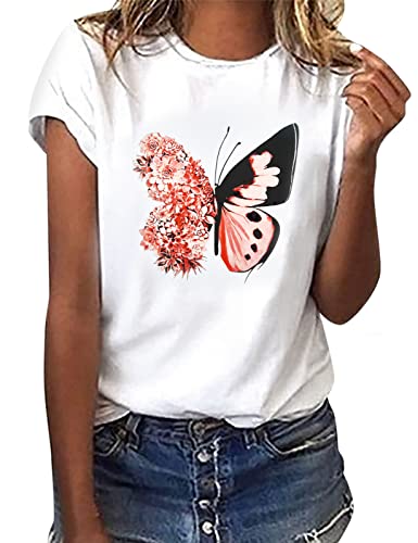 heekpek Camiseta Manga Corta Mujer Blanca Basicas T-Shirt Mujer Algodon Casual Cuello Redondo Camiseta de Verano con Estampado, Mariposa, XL