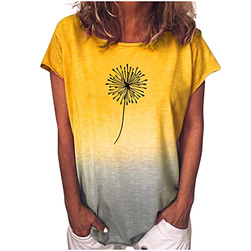 Camiseta de manga corta con cuello redondo y cuello barco para mujer 2023 con estampado floral de diente de león, amarillo, M