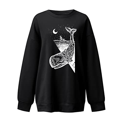 Vestidos Invierno Mujer Casual Baratos Camiseta con estampado de peces a la para mujer, sudadera cálida de manga larga, camisa holgada informal con cuello redondo, jersey de Chaqueta Mujer Capucha