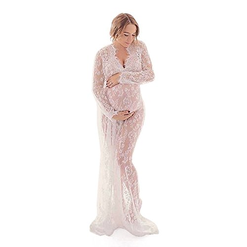 REFURBISHHOUSE Accesorios de fotografia de maternidad Vestido de maternidad Maxi Vestidos de encaje con cuello en V Vestido de embarazo Ropa embarazada lujosa de Fotografia (Blanco, L)
