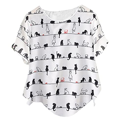 Camiseta de manga corta con estampado de gato informal para mujer, cuello en O, talla grande, vestido de calavera, Blanco, S