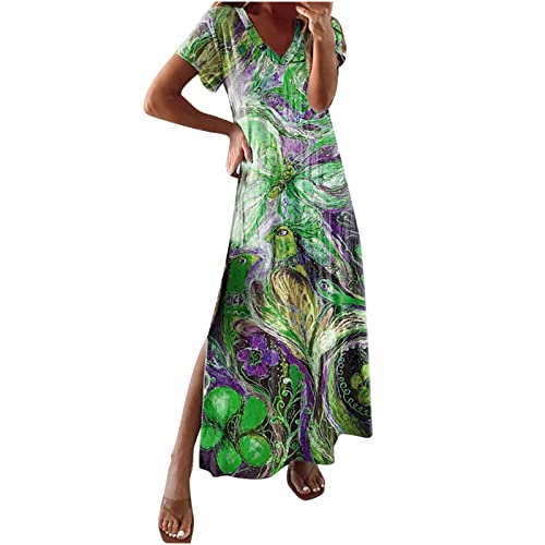 yiouyisheng Vestido para mujer con estampado abstracto de mariposas, pavo real y flores, para verano, informal, largo en V, manga corta, suelto, para la playa