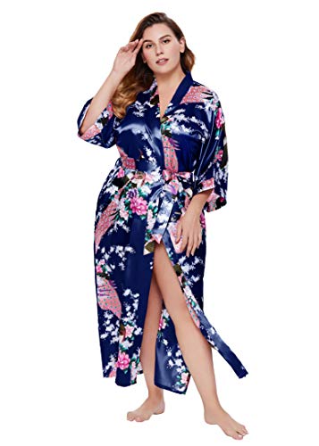 BABEYOND Bata de mujer de tallas grandes, estampado de pavo real, chaqueta de punto, kimono, talla grande, albornoz largo, vestido de playa con flores, abrigo para dormir 1-azul marino Talla Ãºnica