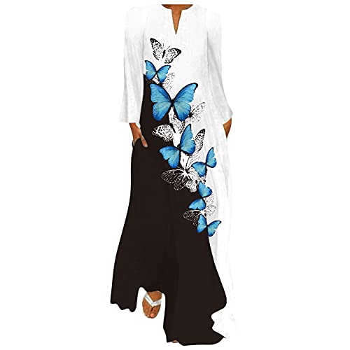 PMDKLSPQ Vestido plateado metÃ¡lico para mujer de moda con estampado de mariposas, cuello en V, vestido de manga larga con estampado de flores bordadas para mujer, azul, M
