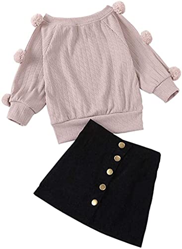 Suéter de Punto de Manga Larga para niña pequeña con Parte Superior de Bola de Piel + Botones de Metal Conjunto de Vestido de Falda de línea a Decorado Frontal