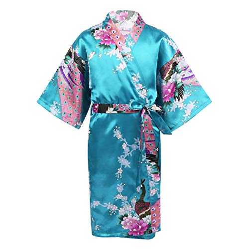 TiaoBug Kimono Albornoz de SatÃ©n para Chicas Vestido de Dormir Kimono Pavo Real Pijamas Ropa de Dormir Bata de BaÃ±o NiÃ±as Infantil Azul Lago 3-5 aÃ±os