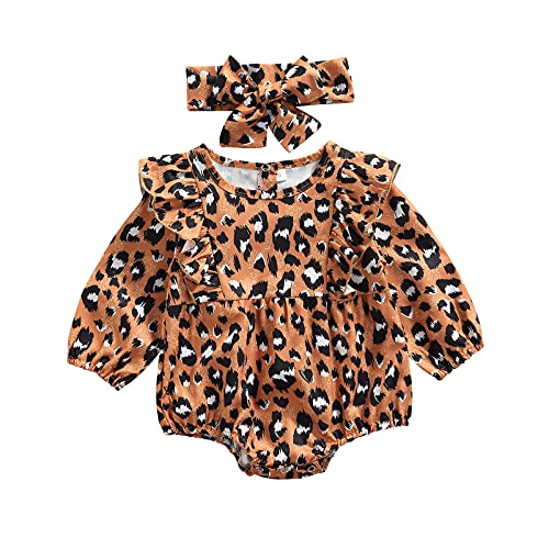 WangsCanis 2 unidades de beb茅 mono de manga larga con estampado de leopardo y cuello redondo y arco para vestidos informales, Caramelo, 12- 18 meses
