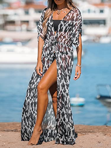 CUPSHE Kimono con estampado animal para mujer, vestido largo suelto para la playa, para el verano, Negro (black Leopard), XL