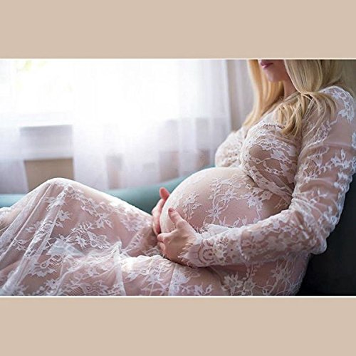 REFURBISHHOUSE Accesorios de fotografia de maternidad Vestido de maternidad Maxi Vestidos de encaje con cuello en V Vestido de embarazo Ropa embarazada lujosa de Fotografia (Blanco, L)